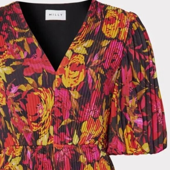 NEW Milly Pleated Sunset Azalea Floral Bubble Puff Sleeve Dress Size 6 - Picture 2 of 14